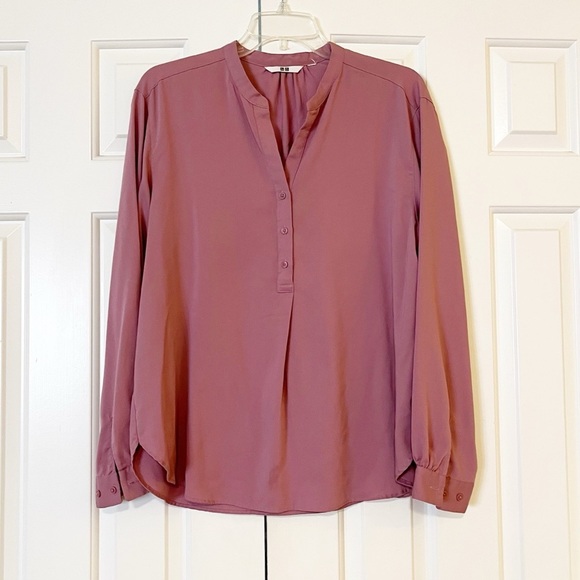 Uniqlo Purple Mauve Long Sleeve Button Front Collarless Rayon Blend Blouse. L - Picture 2 of 9